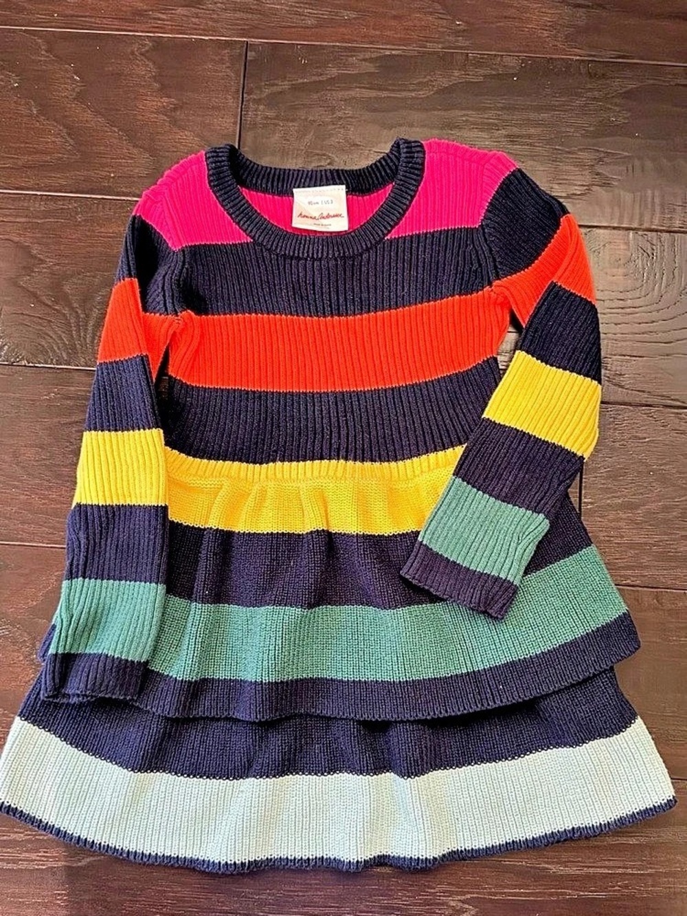 Hanna Andersson Rainbow Stripe Tiered Knit Sweater Dress Girls 3